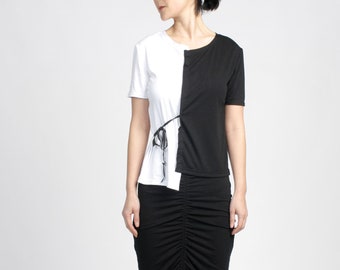 Contrast  Black and White Unbalanced Top with Short Sleeve, Unique Crew Neck T-Shirt, Tie Waist Blouse, Asymmetric Top, Office Blouse