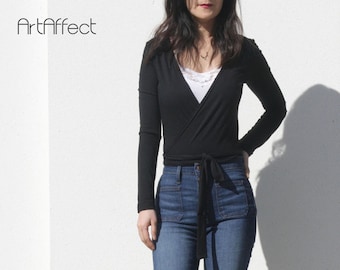 Blusa preta com modal envolvente: camisa de bailarina com gravata, bolero de ioga