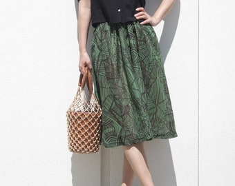 Green Black Print Full Skirt with pocket / Summer gathered skirt/ Flowy skirt with elastic waist/ Summer Midi Skirt /Light below knee skirt