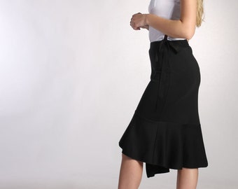 Black Asymmetrical Ruffle Skirt, Midi Skirt, Plus Size Skirt, Tango Skirt, Office Pencil Skirt, Party Skirt, Fit and Flare Skirt