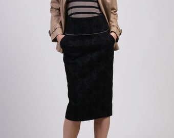 Black Denim High Waist Skirt/ Textured Pencil Skirt / Straight Skirt with Pocket / Knee Length Skirt / Midi Skirt / Custom Office Skirt