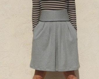 Gray High Waist full skirt with pocket, Casual Pleated skirt, Cotton jersey skirt, Wide Waistband Skirt, Flare Skirt,  Summer Aline Skirt