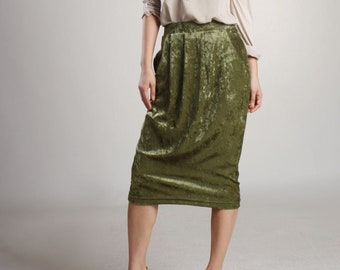 Moss Green Pull On Velvet Skirt with Pocket, Tulip Skirt, Pleated Skirt, Velvet Pencil Skirt, Wear to Work Skirt, Office Skirt,Gift For Wife