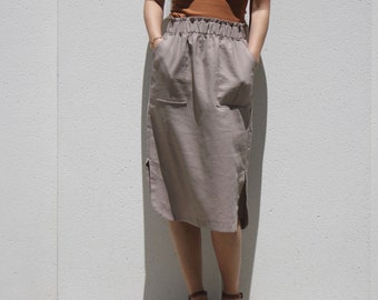Tanned Linen Tulip Skirt with pocket / Paper Bag Waist Skirt / Summer Gathered Skirt / Side Slit Skirt / Relaxed Fit Skirt /Curved Hem Skirt