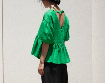 Green Linen V Neck Flare Blouse with Puff Sleeves / Peplum Blouse Short Sleeve / Loose Fit Garden Blouse with Open Back/Summer Maternity Top