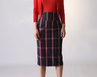 Red Black Plaid Pencil Skirt with Pocket / High Waist  Skirt / Work Skirt Women / Checkered Straight Skirt / Cotton Suit Skirt /Office Skirt