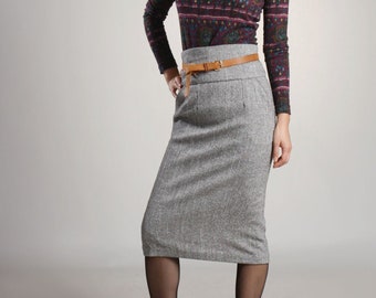 Brown Wool High Waist Pencil Skirt with Pocket / Straight Midi Skirt / Tweed Wool Skirt / Office Suit Skirt / Slim Fitted Winter Skirt