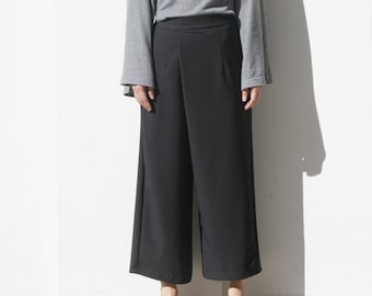 Black Front Wrap Pants with Elastic Waist, Wide Leg Crop Pants, Easy Office Pants, Culottes,  Ankle Pants, Palazzo Pants, Wide Bottom Pants