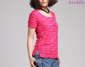 Blusa de punto de encaje rosa: Top con escote redondo festoneado