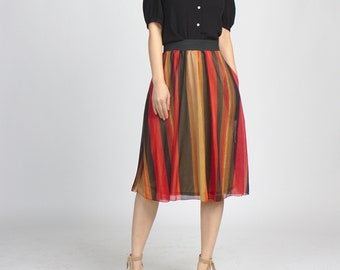 Striped Full Skirt: Orange Black Polyester Knit with Pockets