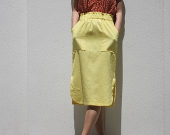 Yellow Linen Midi Skirt: Summer Tulip Pocket Skirt