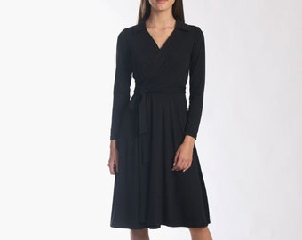 Black Wrap Full Dress with Collar / Wrap Around Dress / Party Dress / Fit and Flare Dress / V Neck Dress /Tie Waist Dress / Office Dress