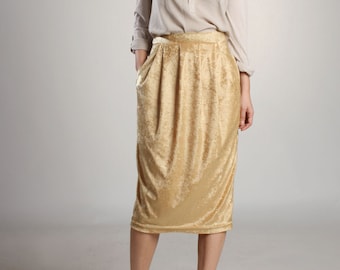 Gold Draped Velvet Skirt / Pleated Skirt with Pocket /Tulip Skirt / Velvet Pencil Skirt / Office Skirt / Winter Party Skirt/Below Knee Skirt