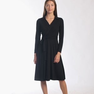 Black Wrap Full Dress with Collar / Wrap Around Dress / Party Dress / Fit and Flare Dress / V Neck Dress /Tie Waist Dress / Office Dress