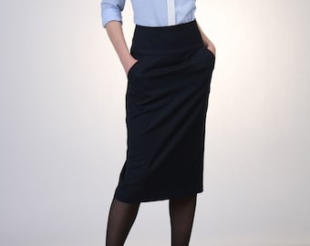 Navy Wool High Waist Skirt with Pocket, Navy Wool Pencil Skirt, Custom Tailored Skirt, Office Skirt, Winter Skirt, Suit Skirt, Work Skirt