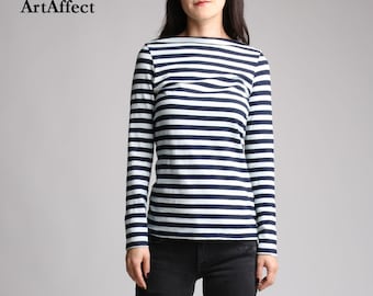 Boat Neck Striped Top Long Sleeve / Women Fall Winter Top / Navy Stripe T-Shirt / Plus Size Top / Striped Shirt / Cotton Long Sleeve Top