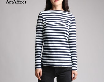 Boat Neck Striped Top Long Sleeve / Women Fall Winter Top / Navy Stripe T-Shirt / Plus Size Top / Striped Shirt / Cotton Long Sleeve Top