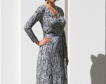 Herringbone Wrap Dress with Long Sleeve / Slim Midi Dress/ Fitted  Dress/Knee Length Dress/ Plus Size Dress/ V Neck Dress /Tie Waist Dress