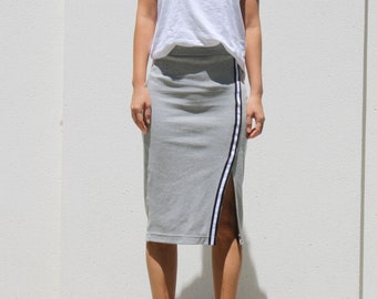 Gray Jersey Pencil Skirt: Sporty Stripe Side Slit, Knee Length