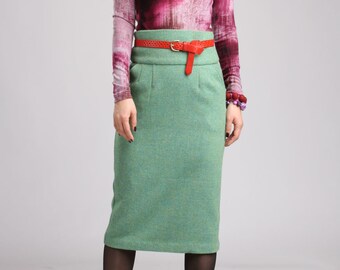 Green Wool High Waist Pencil Skirt with Pocket, Tweed Wool  Skirt, Straight Slim Skirt, Tailored Suit Skirt, Winter Office  Skirt