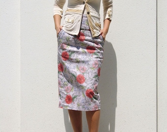 Floral Pencil Skirt: High Waist Cotton Skirt with Pockets