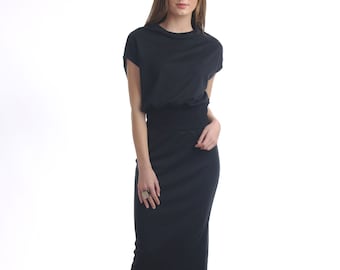 Black Blouson Midi Dress with Drop Shoulder / Pencil Skirt Dress/ Slim Party Dress/ Plus Size Dress/ Office Dress/ Summer Dress/Sheath Dress