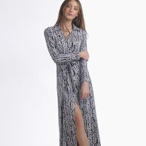Herringbone Wrap Maxi Dress with Collar / Wrap Around Dress/ Plus Size Dress / V Neck Dress/Tie Waist Long Dress/Slim Maxi Dress Long Sleeve