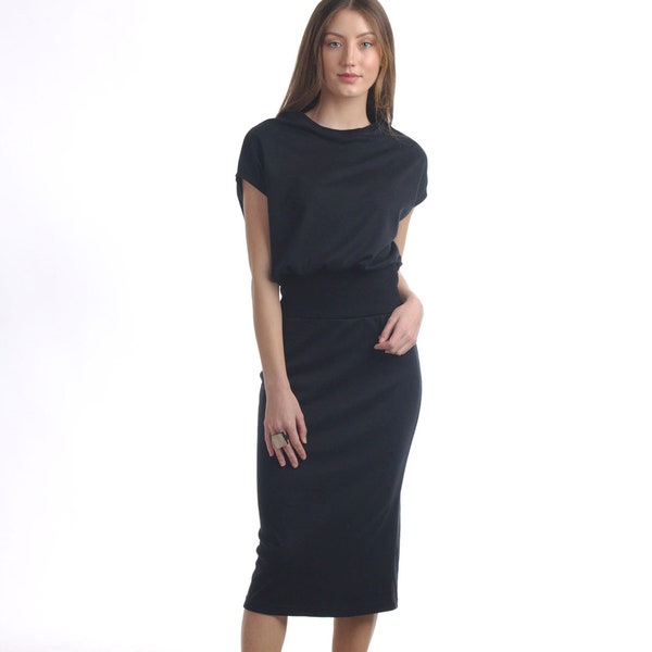 Black Blouson Midi Dress with Drop Shoulder / Pencil Skirt Dress/ Slim Party Dress/ Plus Size Dress/ Office Dress/ Summer Dress/Sheath Dress