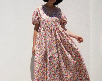 V Neck Garden Dress with Puff Sleeves / Loose Fit Maxi Dress with Pockets / Floral Summer Dress/Cotton Dress with Full Skirt/Maternity Dress