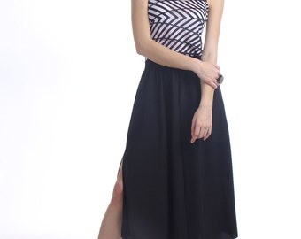 Black Midi Skirt: Boho Front Split, Silky Full Circle Skirt