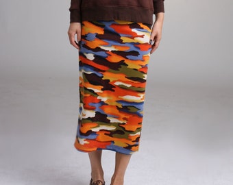 Camouflage Straight Midi Skirt, Multi Color Pencil Skirt, Orange Skirt, Fall Skirt, Colorful Skirt, Pull On Skirt, Work Skirt