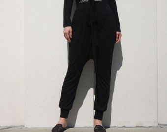 Black Drop Crotch Pants with Ankle Cuff, Elastic Waist Pants, Harem Pants, Low Crotch Pants, Yoga Pants, Jersey Pants, Casual Travel Pants