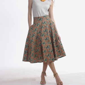 Botanical Circle Skirt with Pocket / Cotton Full Skirt/ Party Skirt/ Bridesmaid Skirt/ Summer Midi Skirt/ Flare Skirt/50s Style Circle Skirt