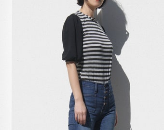 Striped Puff Sleeve Top - Black & Gray Modal Jersey Blouse