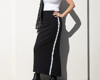 Black Maxi Skirt with Side Stripe, Long Straight Slim Skirt with Elastic Waist, Plus Size Long Skirt, Cotton Knit Jersey Tube Skirt