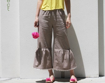 Calças largas de linho: culotes com babados, calças de verão estilo boho