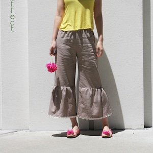 Loose Linen Pants, Wide Leg Flared Pants, Tanned Trouser, Wide Pants Linen, Culottes, Boho Summer Pants, Natural Pants, Ruffle Hem Pants