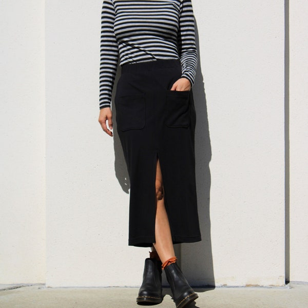 Black Front Slit Midi Skirt with Pocket / Center Split Pencil Skirt / Front Opening Skirt / Below Calf Skirt / Feminine Simple Skirt