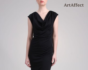 Elegant Black Sheath Dress / Cowl Neck Dress / Knee Length Dress / Sleeveless Party Dress / Cocktail Dress / Draped Dress / Slim Work Dress