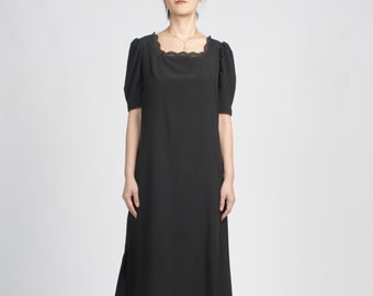 Black Square Neck Dress with Pocket / Puff Sleeve Midi Dress / Side Slit Summer Dress / Tie Waist Shift Dress / Loose Dress / Handmade Dress