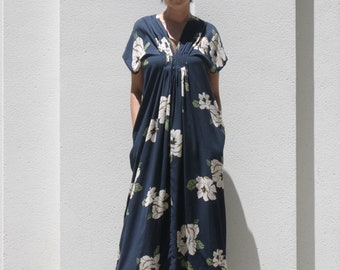 Floral Pleated Tunic Dress with Pocket / Summer Midi Dress /Navy Sun Dress / Loose Cotton Dress / Resort Dress/ Draped Dress/Maternity Dress