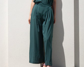 Pleated Wide Leg Crop Pants with Pocket / Teal Office Pants / Culottes / Pull On Ankle Pants / Wide Leg Summer Pants/Flare Pants/Loose Pants