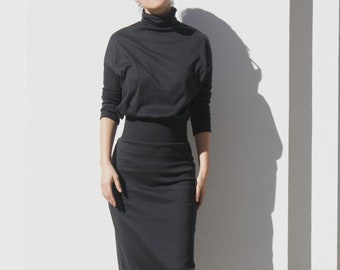 Black Turtleneck Blouson midi dress with dolman sleeve, Loose Top pencil skirt dres, Slim party dress, Winter office dress, Sheath Dress