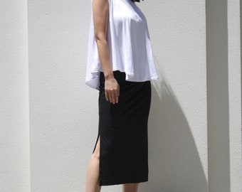 Black Midi Skirt with Side Slits / Fitted Slim Skirt / Stretch Summer Skirt / Casual Skirt with Elastic Waist/Minimal Skirt/Capsule Wardrobe