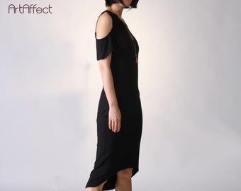 Black Cold Shoulder Dress with Curved hem, Summer Party Dress, Ruffle Sleeve Sheath Dress, Cut Out Shoulder Dress, Tango Dress