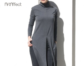 Turtleneck Long Tunic with High Slit, Front Slit Top, Plus Size Clothing, Tie Front Shirt, Side Slit Top, Boho Maxi Tunic, Gray Long Shirt