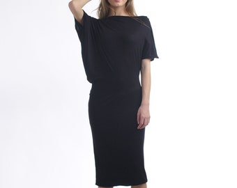 Black Boat Neck Asymmetric Dress / Draped Midi Dress / Off Shoulder Dress / Straight Dress / Blouson Dress / Party Dress /Pencil Skirt Dress