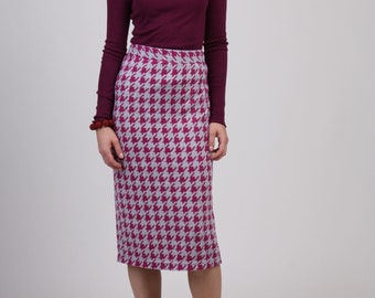 Purple Houndstooth midi skirt, Sweater Knit pencil skirt, Purple Checker straight skirt with below knee lengt, Winter Office skirt