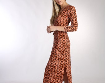 Orange Print Wrap Midi Dress, Wrap Around Dress, Boho Dress, Office Dress, Boho Maxi Robe, Side Slit Dress, Tie Waist Dress, Beach Cover