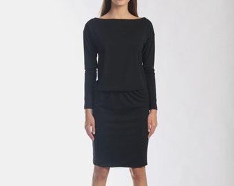 Vestido Blusão Modal Preto: Decote Canoa, Cintura Elástica